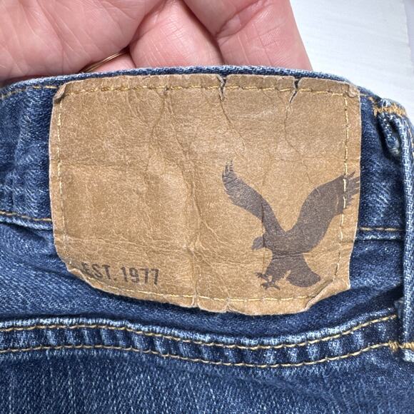 AEO Jeans Slim Straight Low Rise Men 30x29** Blue Fade Whiskers Stacks Casual - Picture 8 of 16